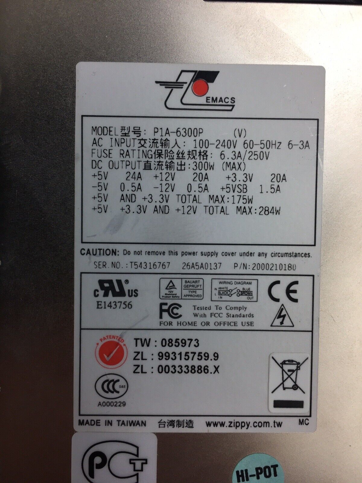 EMACS P1A-6300P 284W 100-240V 60-50Hz  1U Server Switched  Power Supply Tested
