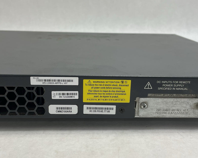 Cisco WS-C2960X-48FPS-L  V07 48 port GIG POE+ Switch Tested & Reset No Rack Ears