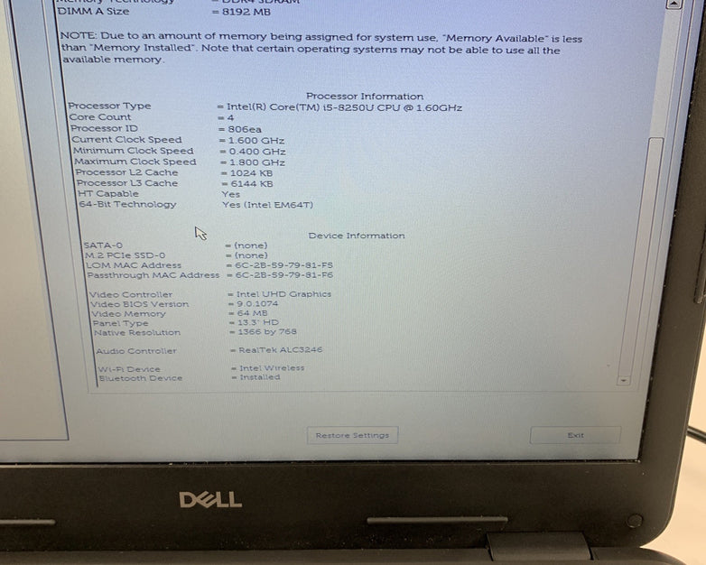 Dell Latitude 3300 13.3" i5-8250u 1.6 GHz 8 GB Ram NO OS No HDD No Batt No AC