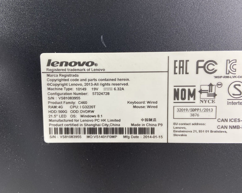 Lenovo C460 AIO Intel Pentium G3220T 2.6GHz 8GB RAM No HDD No OS No AC