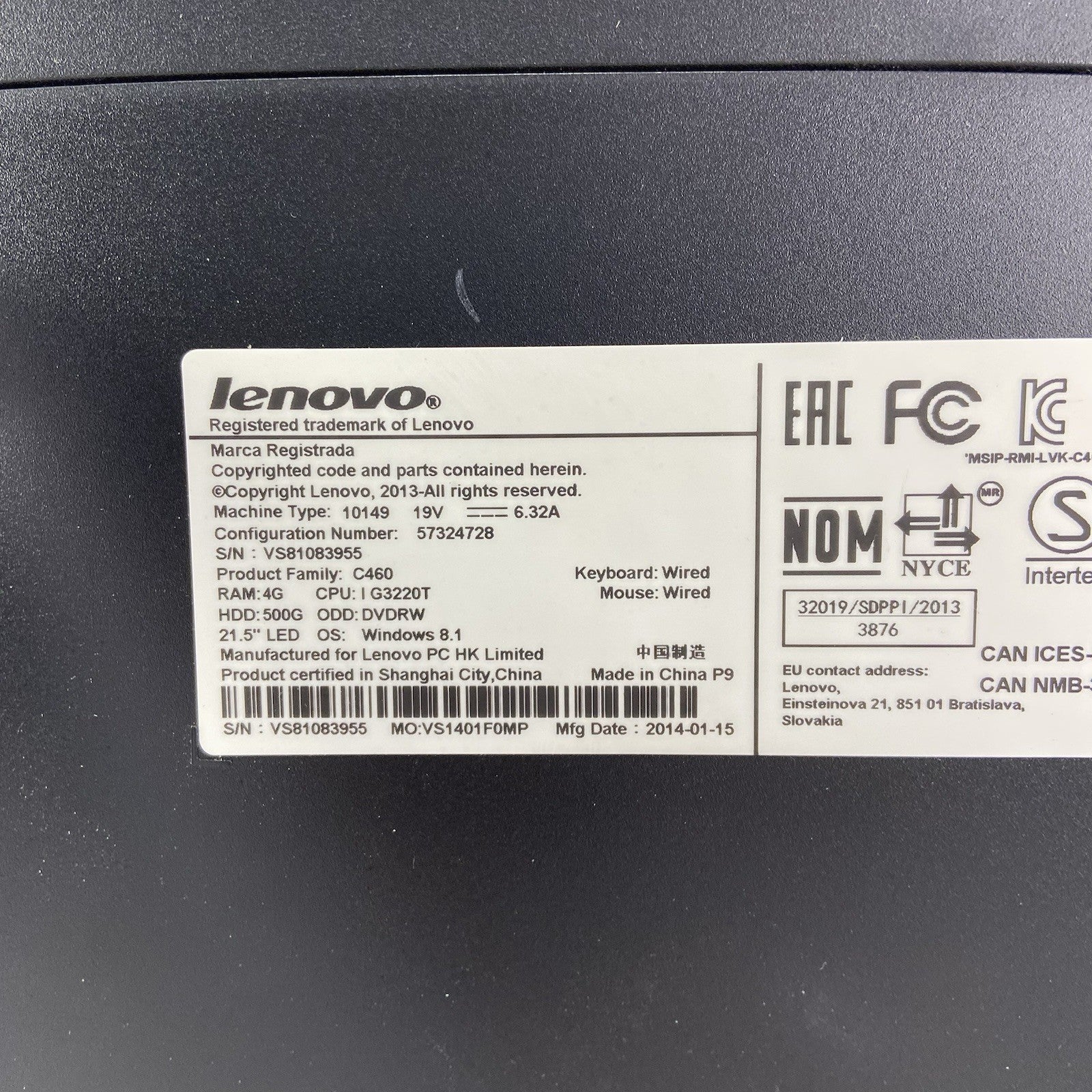 Lenovo C460 AIO Intel Pentium G3220T 2.6GHz 8GB RAM No HDD No OS No AC4