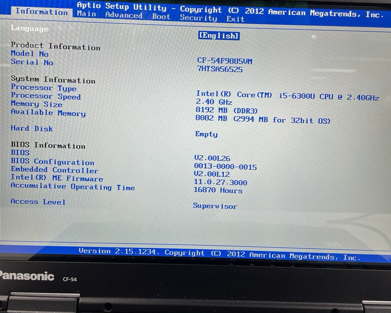 Panasonic ToughBook CF-54 14" i5-6300U 2.40 GHz 8 GB RAM No SSD/OS/AC/Batt