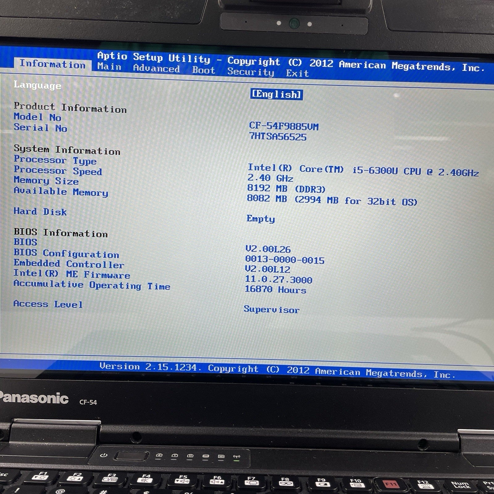 Panasonic ToughBook CF-54 14" i5-6300U 2.40 GHz 8 GB RAM No SSD/OS/AC/Batt2