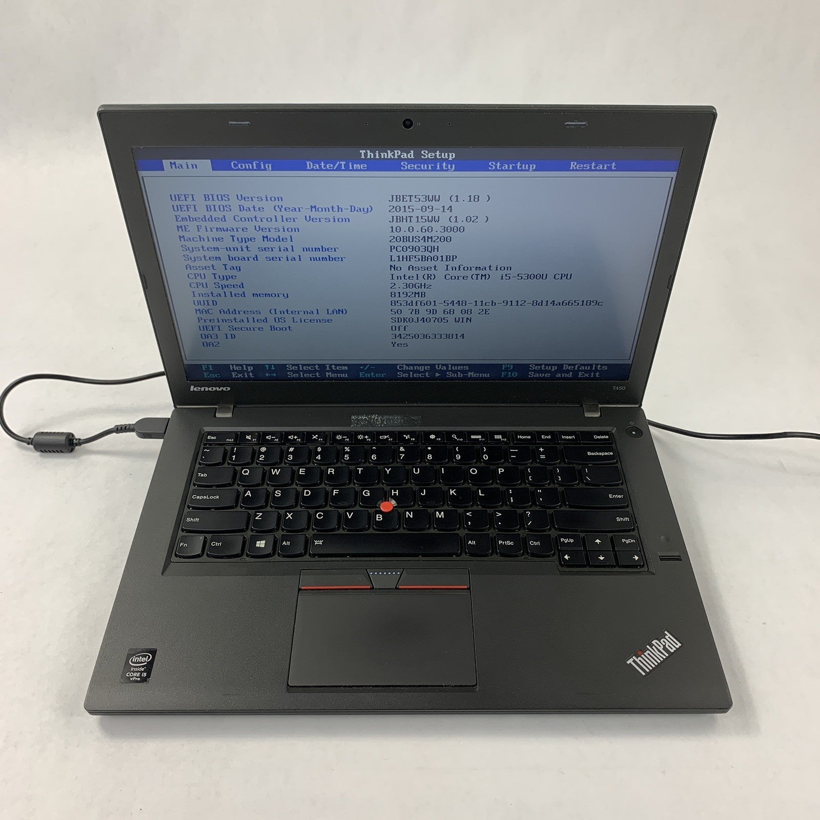 Lenovo ThinkPad T450 14" Intel i5-5300U 2.3 GHz 8 GB Ram No OS No HDD NO AC