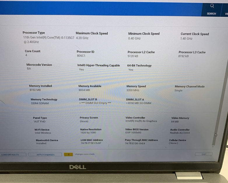 Dell Latitude 5420 14" i5-1135G7 1.40 GHz 8 GB RAM No SSD/OS/AC/BATT/K Key