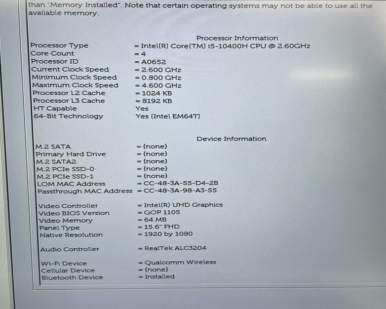 Dell Precision 3551 15.6" i5-10400H 2.6GHz 8GB RAM No SSD/OS/AC/Batt- Bad Bottom
