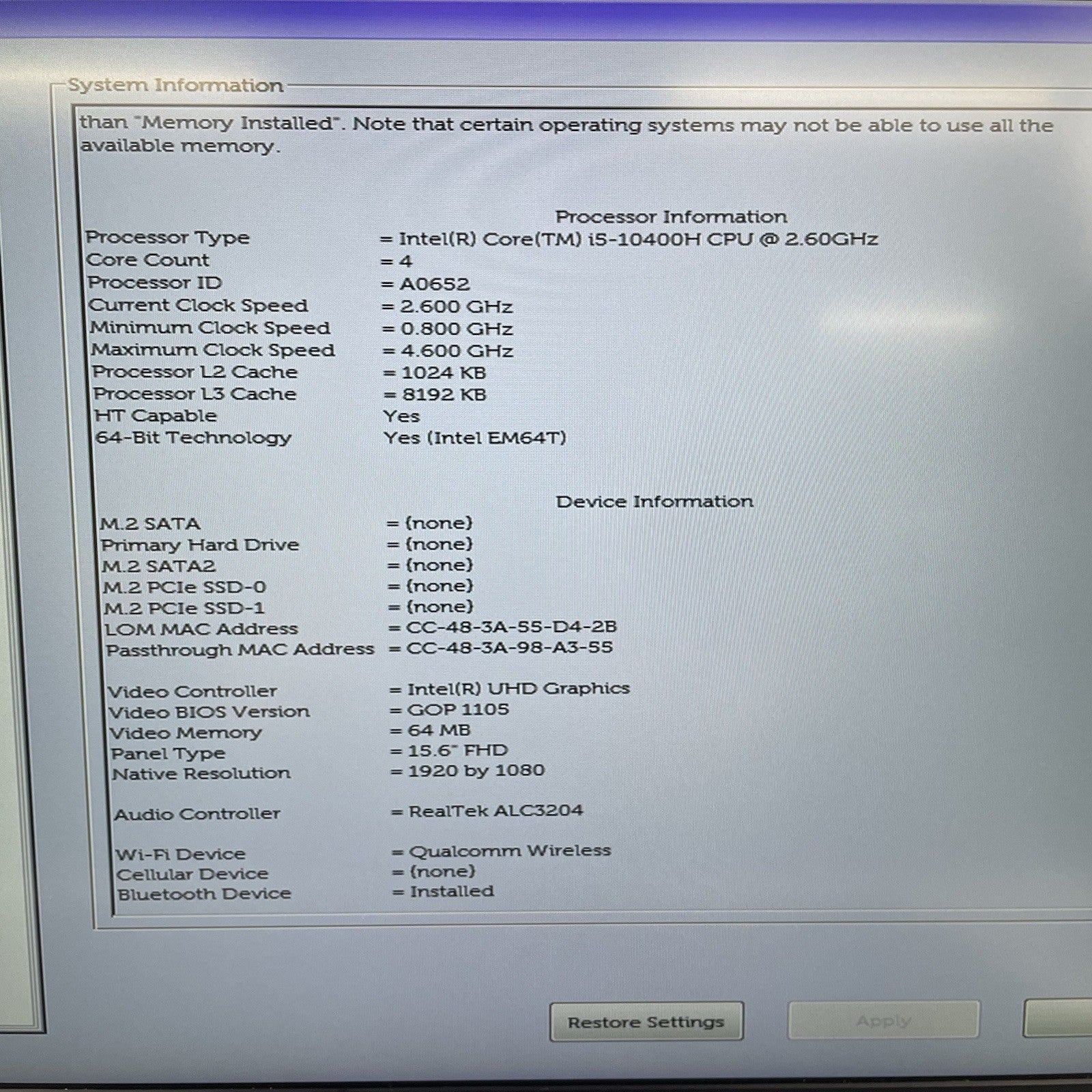 Dell Precision 3551 15.6" i5-10400H 2.6GHz 8GB RAM No SSD/OS/AC/Batt- Bad Bottom3
