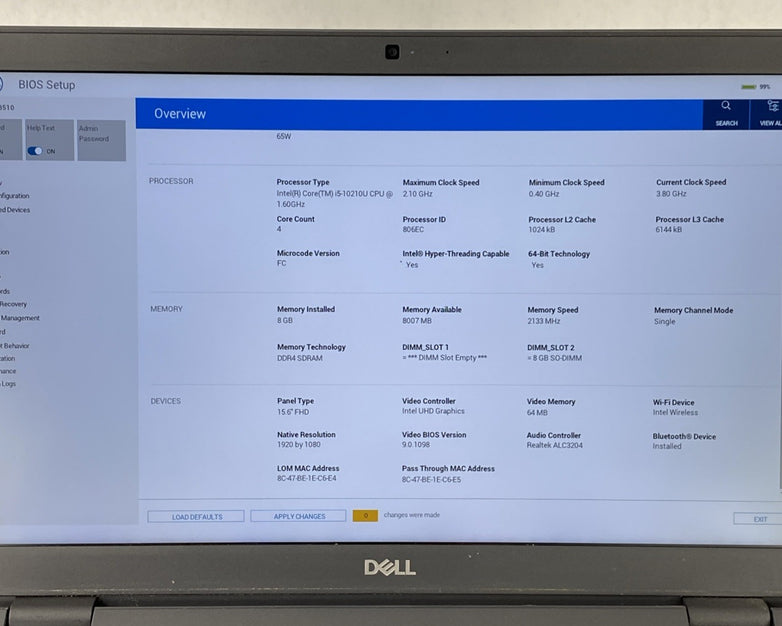 Dell Latitude 3510 Intel Core i5-10210U 1.60 GHz 8GB RAM 15.6" No SSD No OS