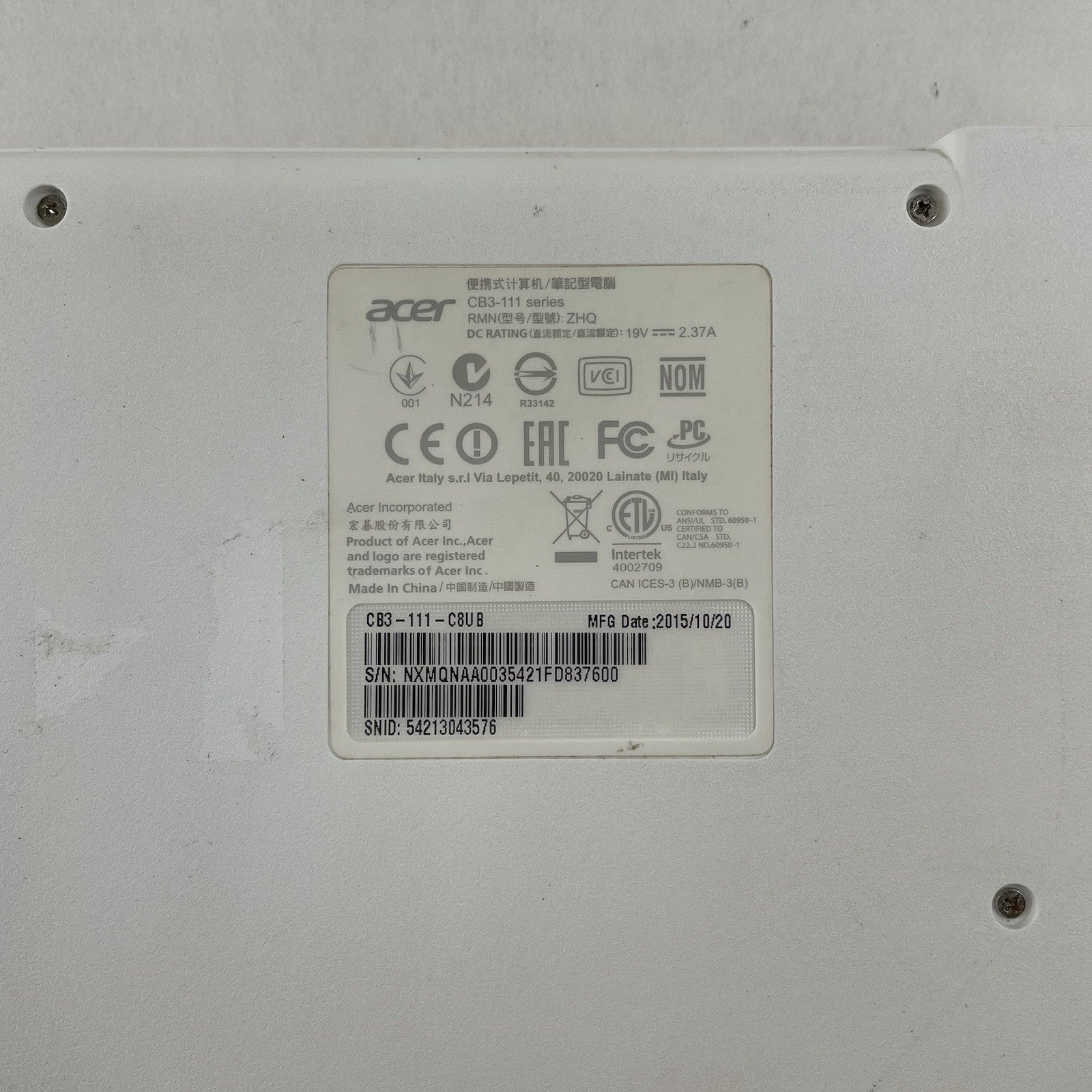 Acer CBS-111 11.6" Celeron N2840 2.16 GHz 2 GB RAM 16 GB HDD No AC17