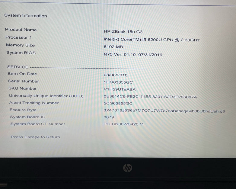 HP ZBook 15U G3 15.6" i5-6200U 2.30 GHz 8 GB RAM No SSD/OS/AC/Battery
