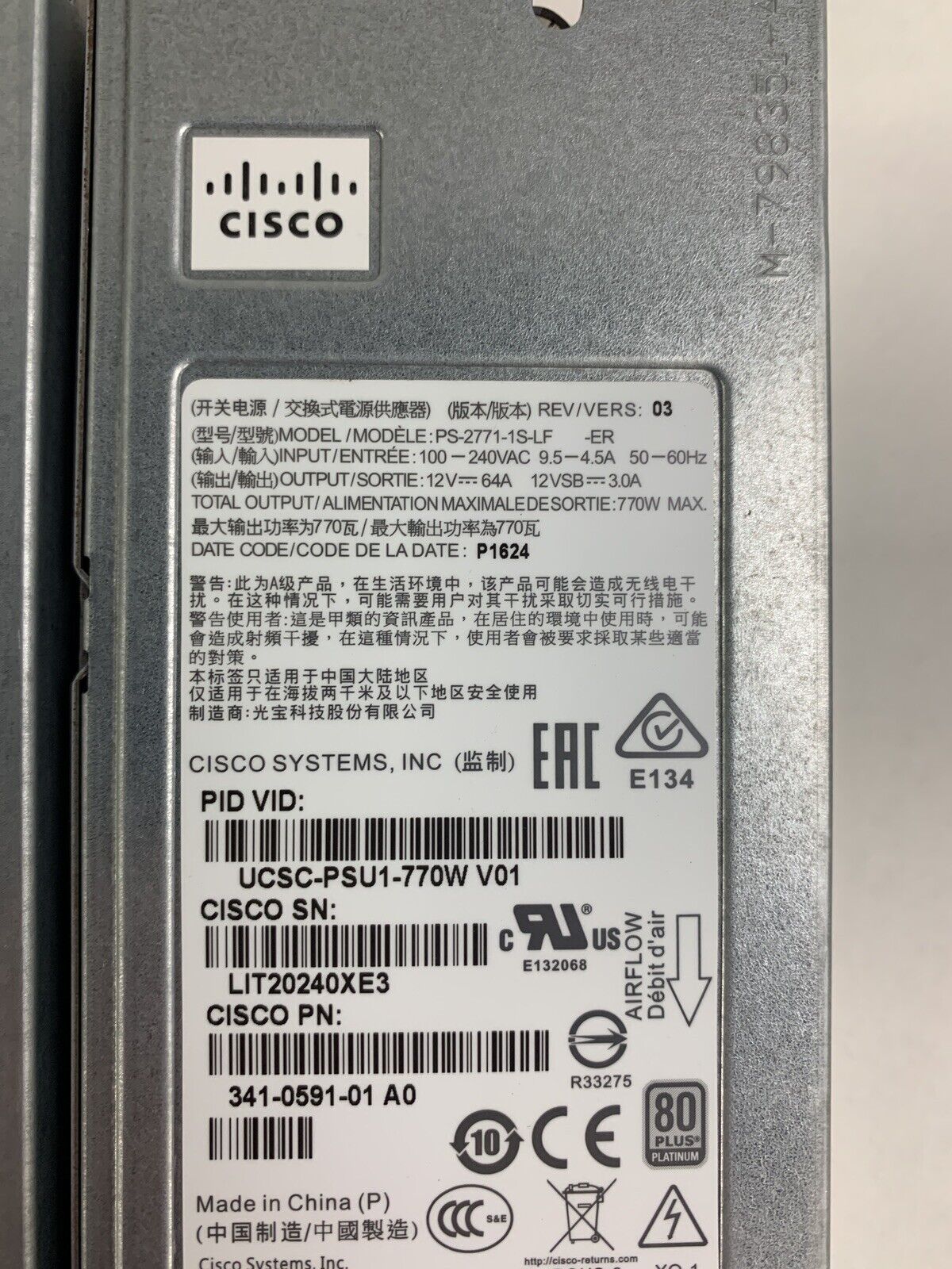 LOT OF 2 Cisco UCSC-PSU1-770W V01 770W Power Supply PS-2771-1S-LF Tested