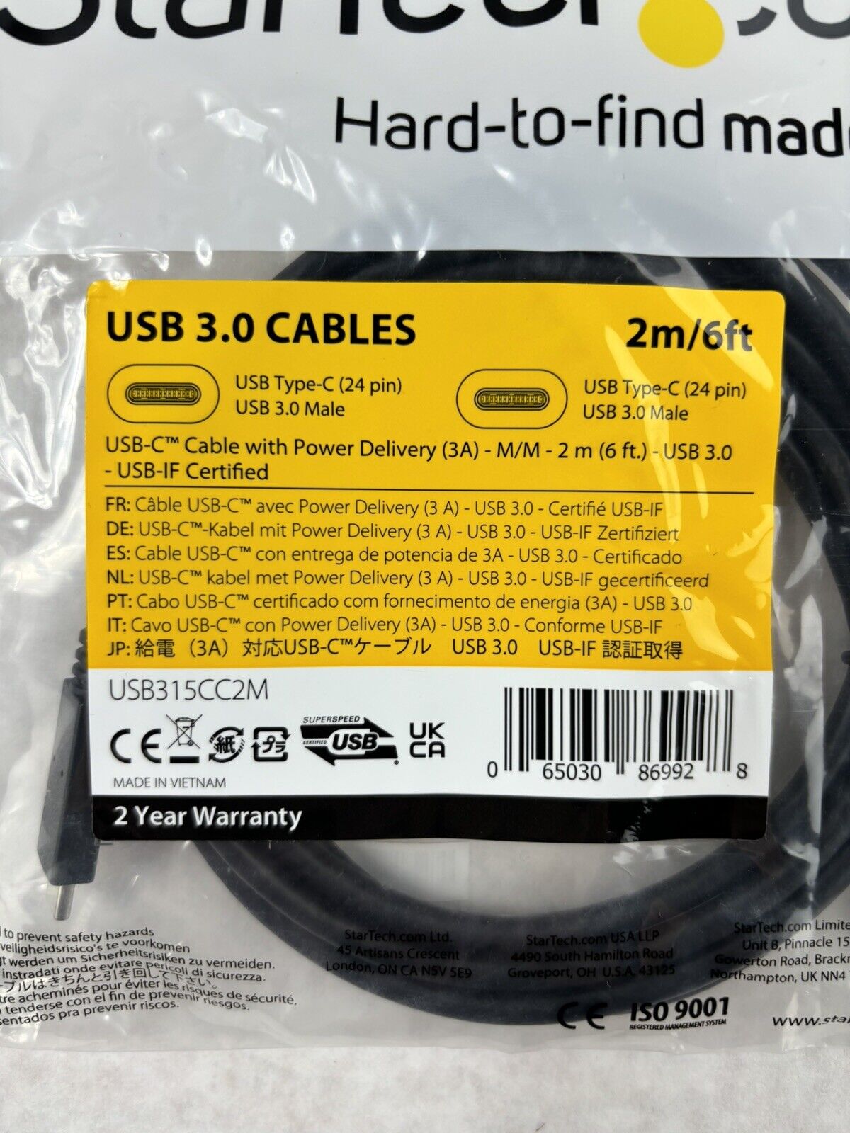 New StarTech USB315CC2M Black USB-C Cable with Power Delivery USB 3.0