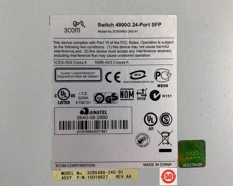 3COM 3CRS48G-24S-91 4800G 20-Port Gigabit Network Ethernet Switch Tested Reset