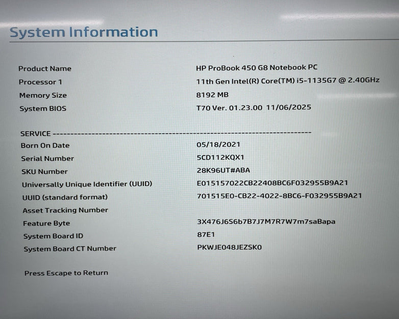 HP ProBook 450 G8 15.6" i5-1135G7 2.40 GHz 8 GB RAM No SSD/OS/AC - Dented