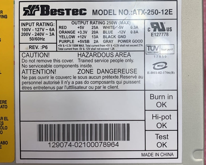 Bestec ATX-250-12E 250W Computer Power Supply