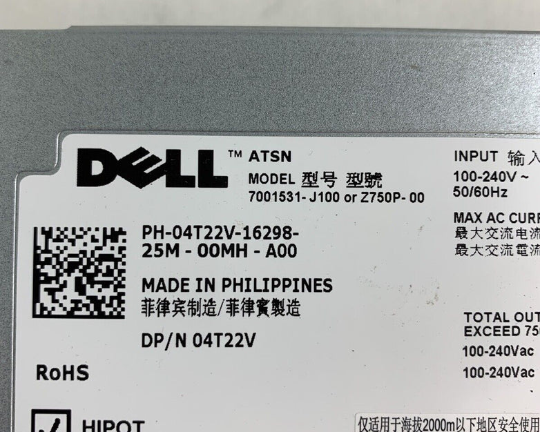 Dell 7001531-J100 Z750P-00 750W Power Supplies 4T22V Lot of 2 Tested