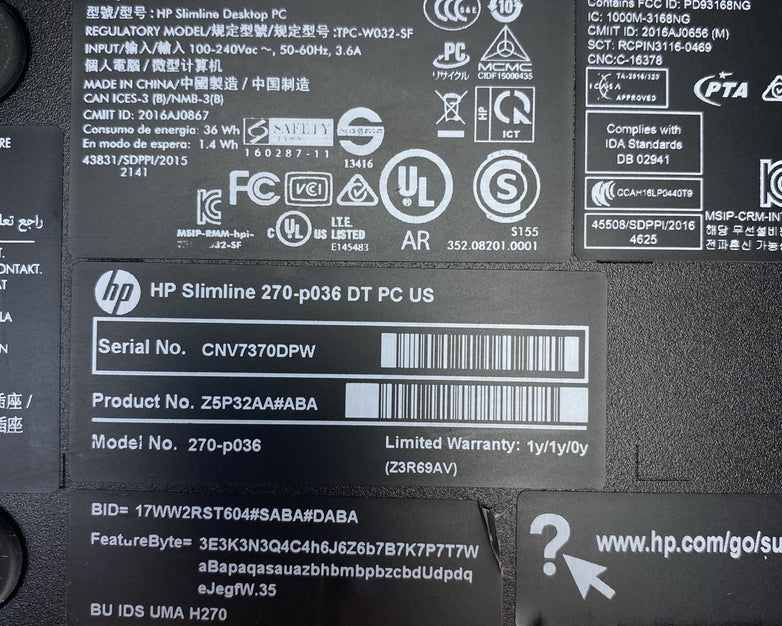 HP Slimline 270-p036 DT PC Intel i5-7400T 2.40GHz 1x8GB RAM WiFi No HDD OS