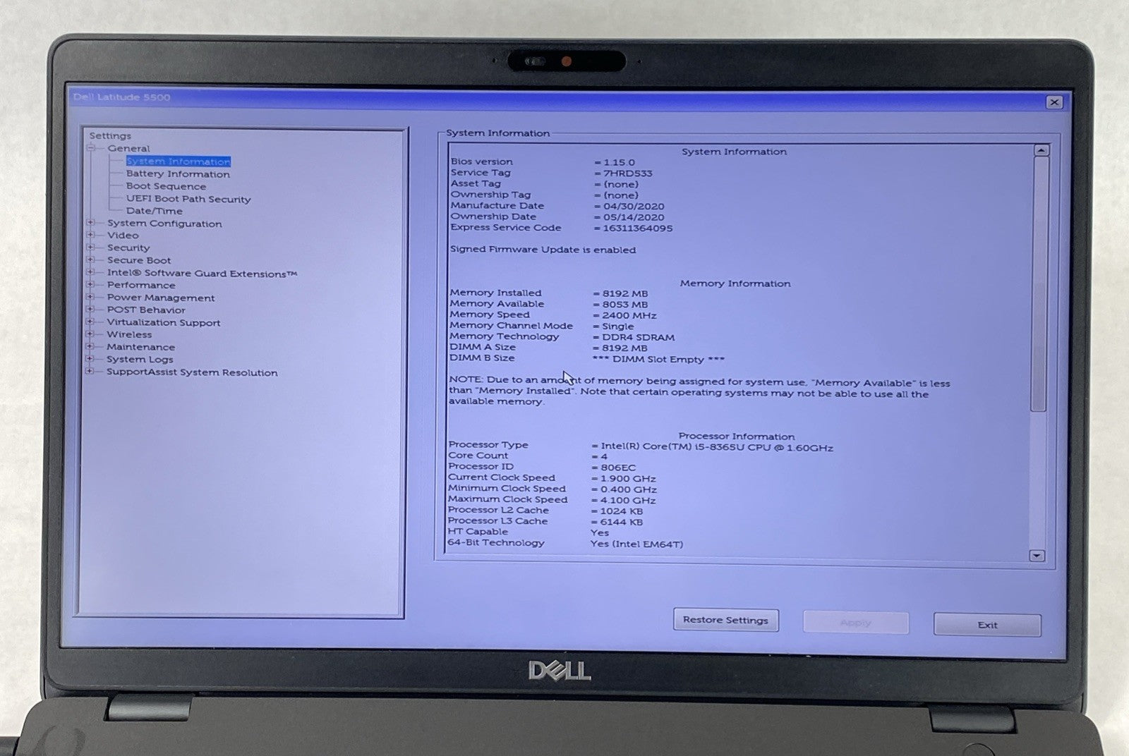 Dell Latitude 5500 Intel Core i5-8365U 1.60 GHz 8 GB RAM 15.6" No HDD No OS
