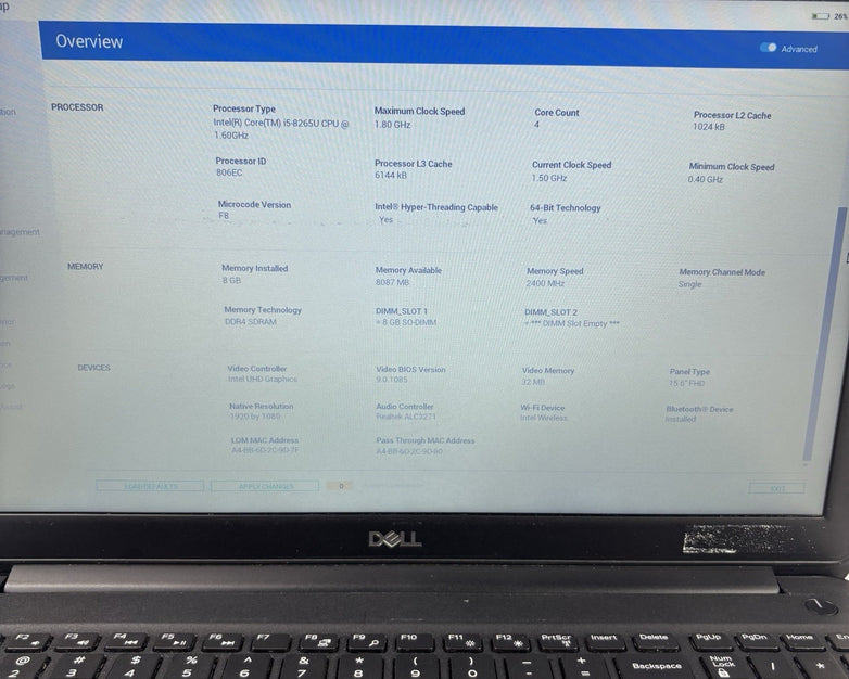 Dell Latitude 3500 15.6" Laptop i5-8265U 1.6 GHz 8 GB Ram No OS No HDD No AC