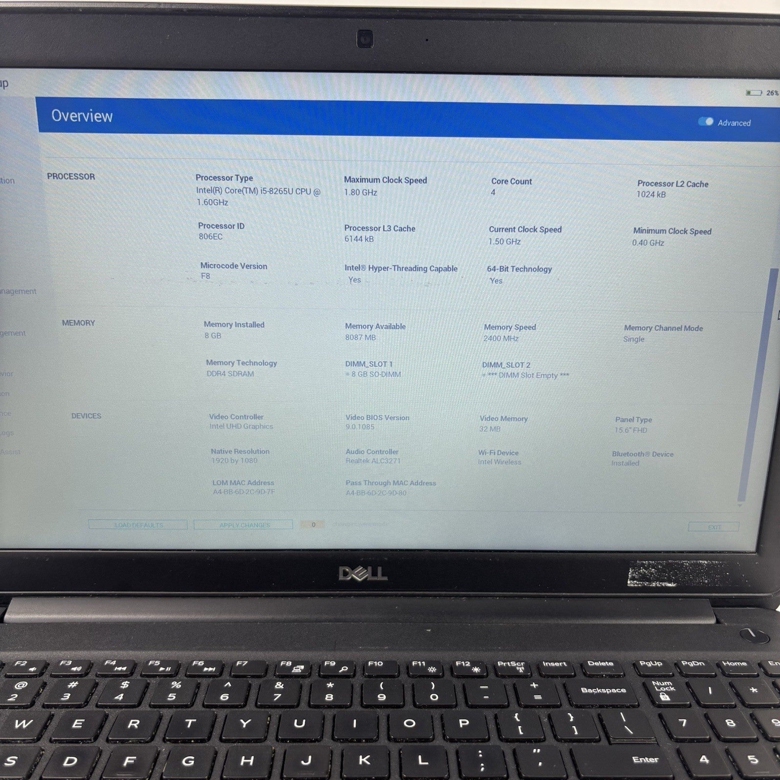 Dell Latitude 3500 15.6" Laptop i5-8265U 1.6 GHz 8 GB Ram No OS No HDD No AC