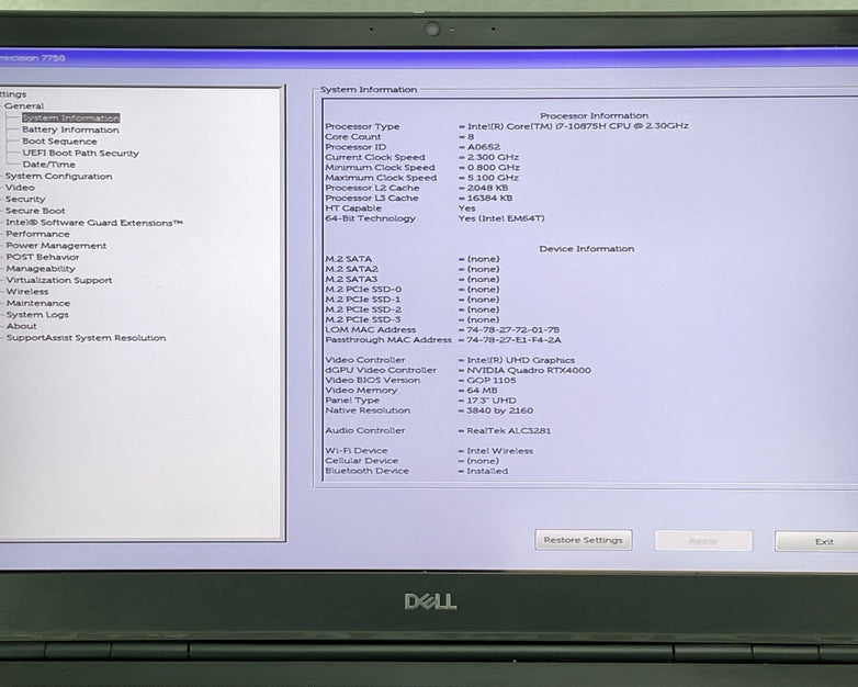 Dell Precision 7750 17.3" Core i7-10850H 2.30 GHz 32GB RAM RTX 4000 No SSD No OS