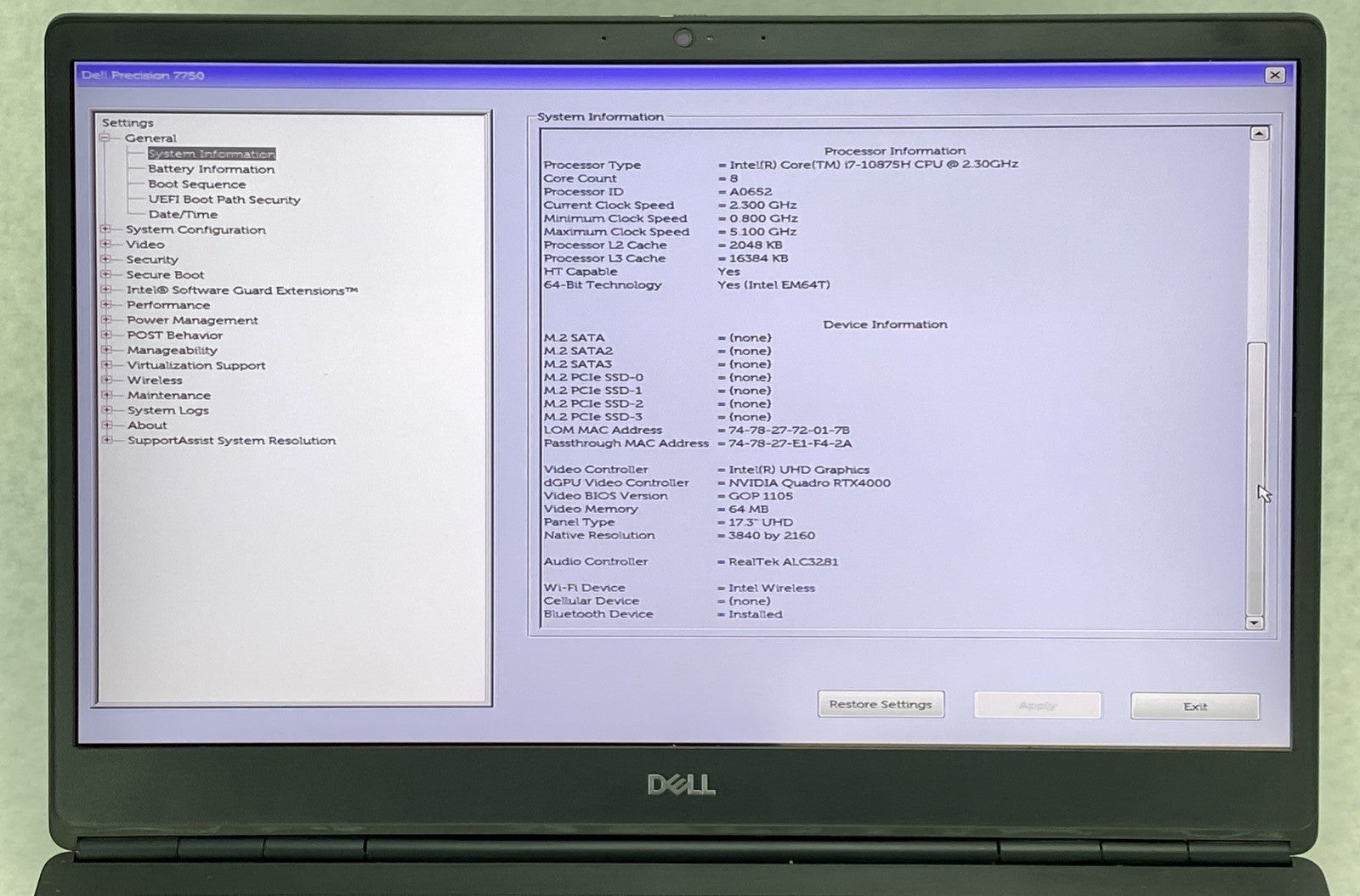 Dell Precision 7750 17.3" Core i7-10850H 2.30 GHz 32GB RAM RTX 4000 No SSD No OS