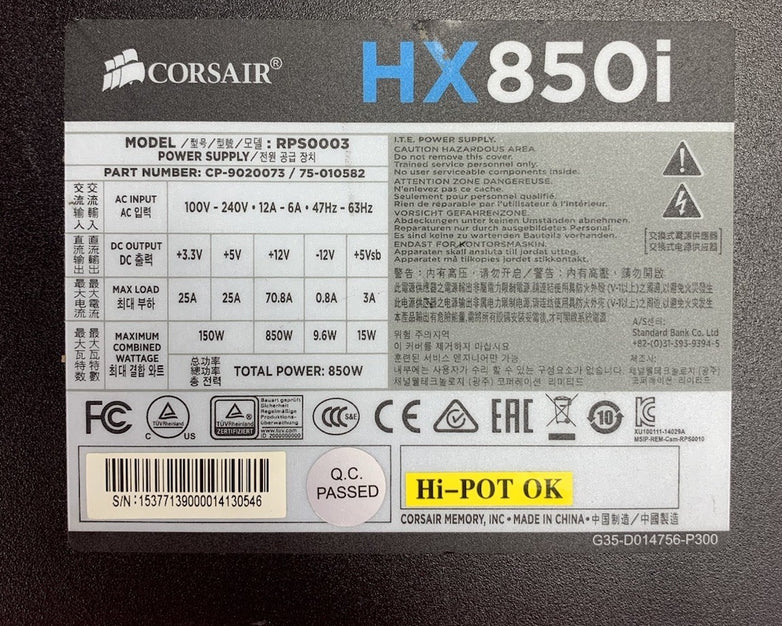 Corsair HX850i RPS0003 CP-9020073 850W Power Supply - No Cables