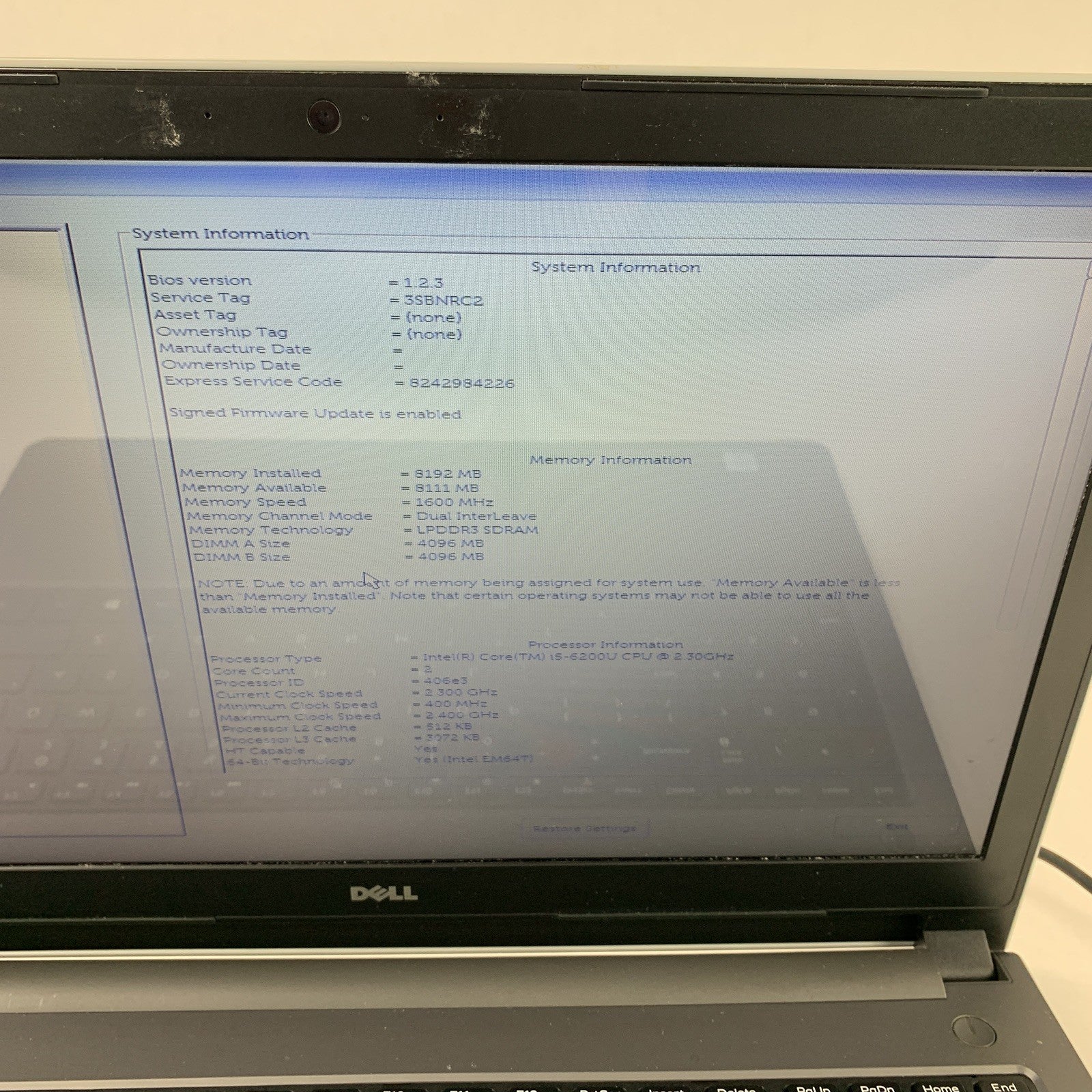 Dell Inspiron Laptop 5559 i5-6200U 2.3 GHz 8 GB Ram No OS No HDD No Batt No AC