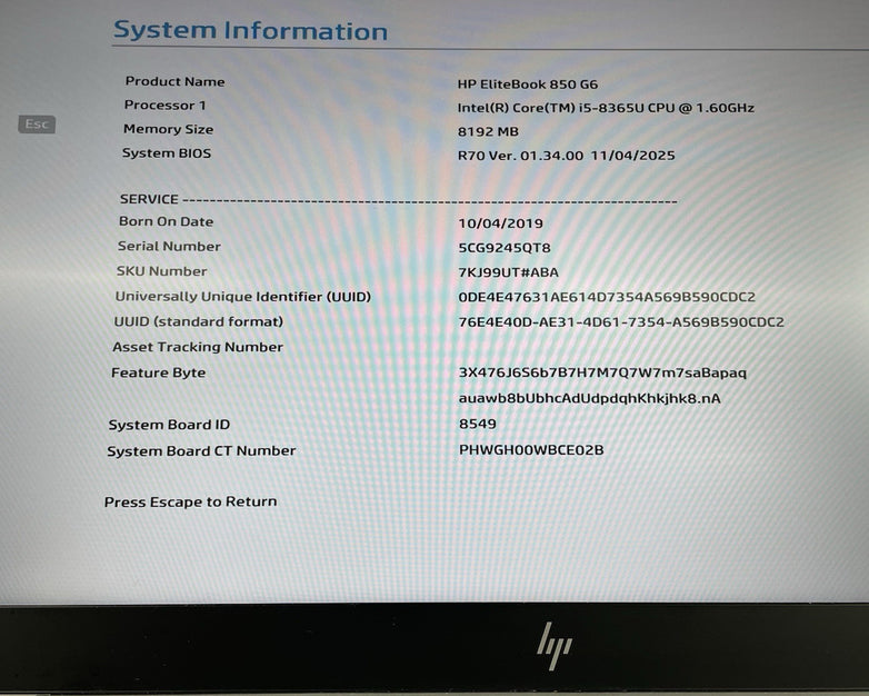 HP EliteBook 850 G6 15.6" i5-8365U 1.60 GHz 8 GB RAM No SSD/OS/AC - Bad USB