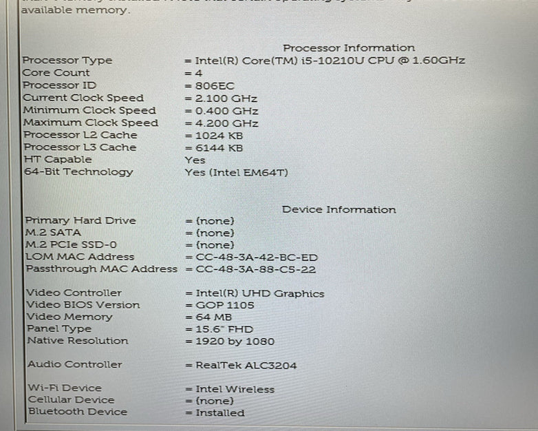Dell Latitude 5510 15.6" i5-10210U 1.60 GHz 8 GB RAM No SSD/OS/AC/Batt - Worn