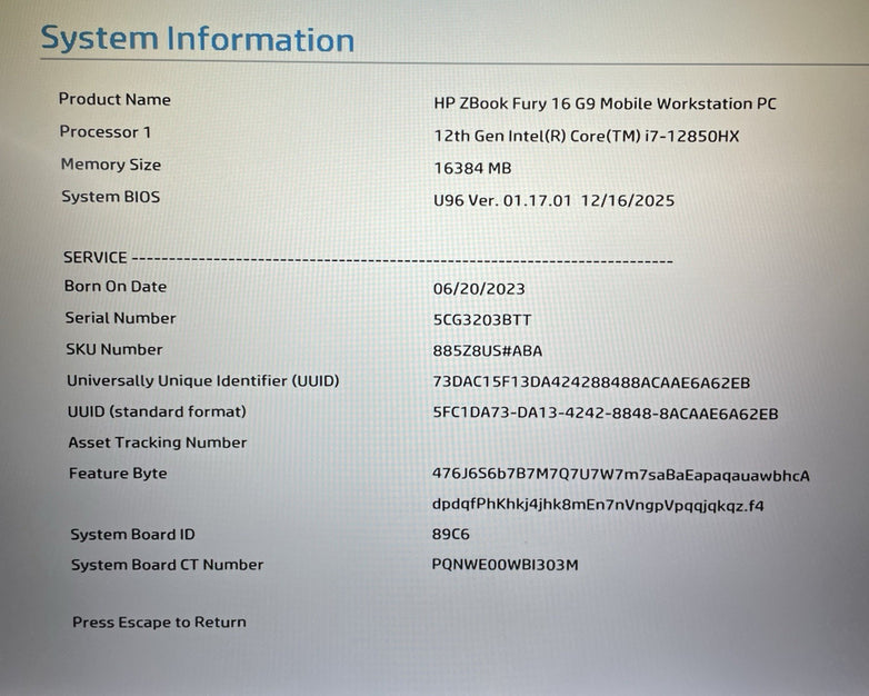 HP ZBook Fury 16 G9 16" i7-12850HX 4.158 GHz 16 GB RAM No SSD/OS/AC/Battery/GPU