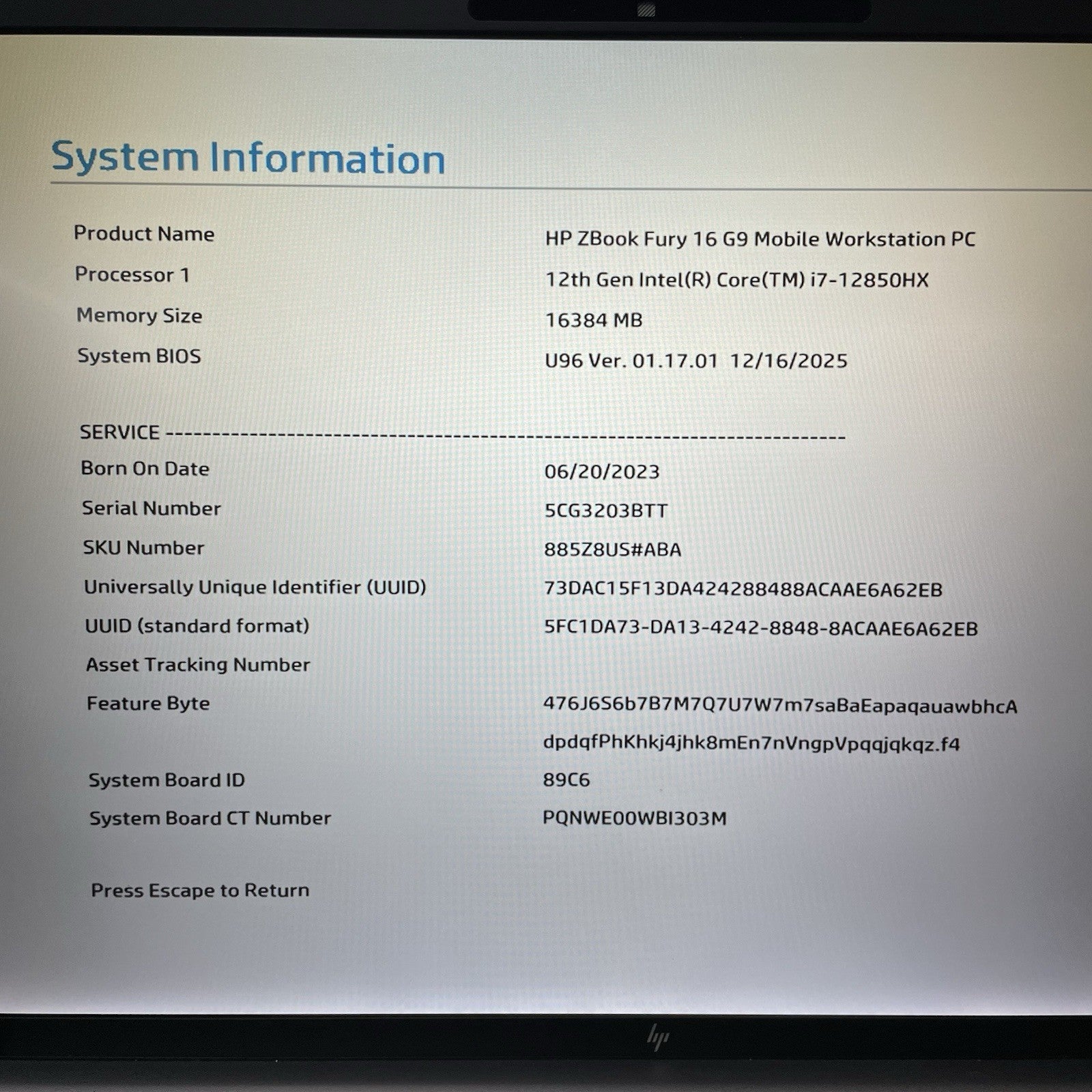 HP ZBook Fury 16 G9 16" i7-12850HX 4.158 GHz 16 GB RAM No SSD/OS/AC/Battery/GPU2