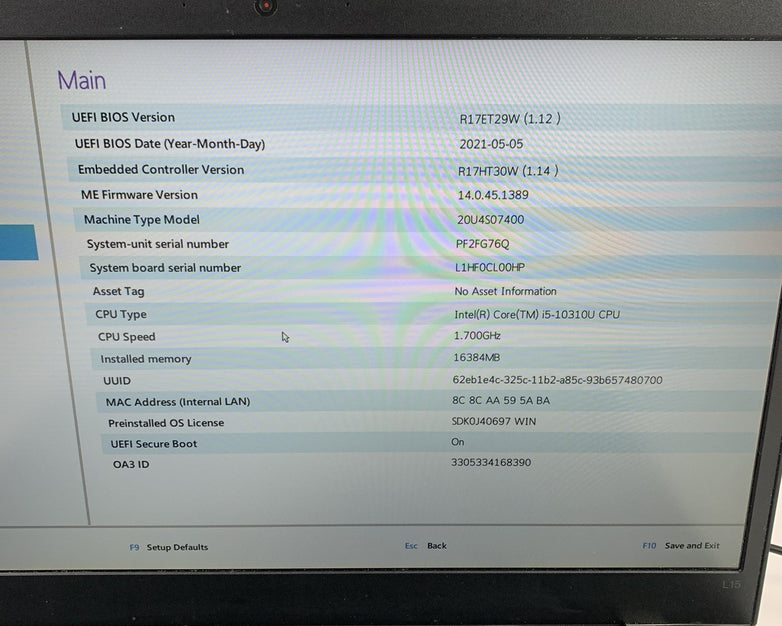 Lenovo ThinkPad L15 Gen 1 15.6" i5-10310U 1.70 GHz 16 GB Ram No OS No HDD No AC