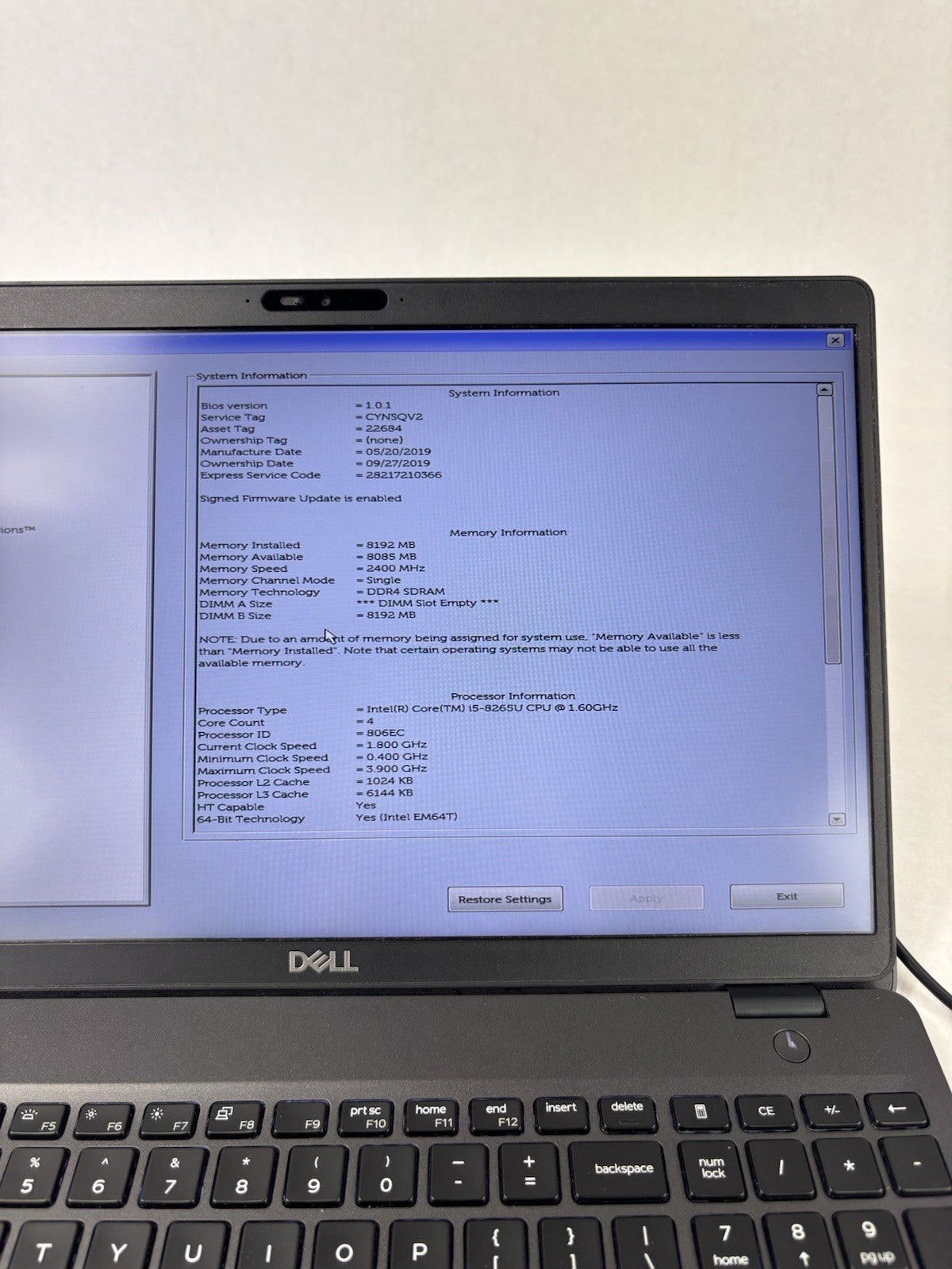 Dell Latitude 5500 15.6" Intel i5-8365U 1.6 GHz 8 GB Ram No OS No HDD No AC