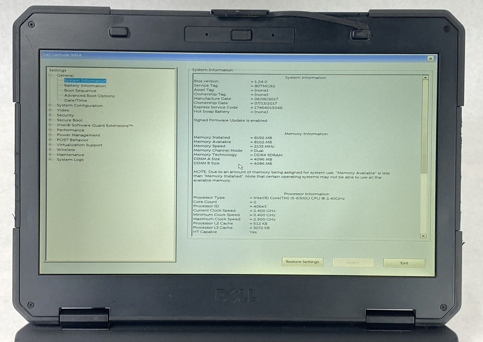 Dell Latitude 14 Rugged 5414 14" Core i5-6300U 2.40 GHz 8GB RAM No HDD No OS