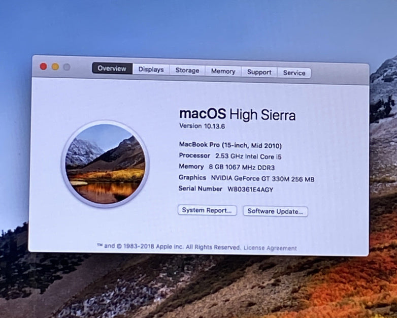 Apple MacBook Pro A1286 2010 15" 2.53GHz i5 8GB RAM 250GB SSD os10.13.6