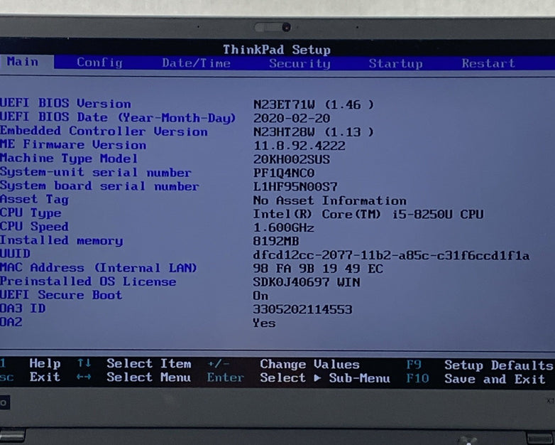 Lenovo ThinkPad X1 Carbon 6th Gen i5-8250U 1.6GHz 8GB RAM 14" No Batt. No HDD/OS