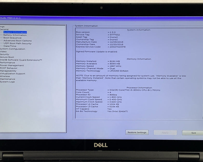 Dell Latitude 7390 2 in 1  13.3" Touch i5-8350U 1.7GHz 8GB RAM No Battery/HDD/OS