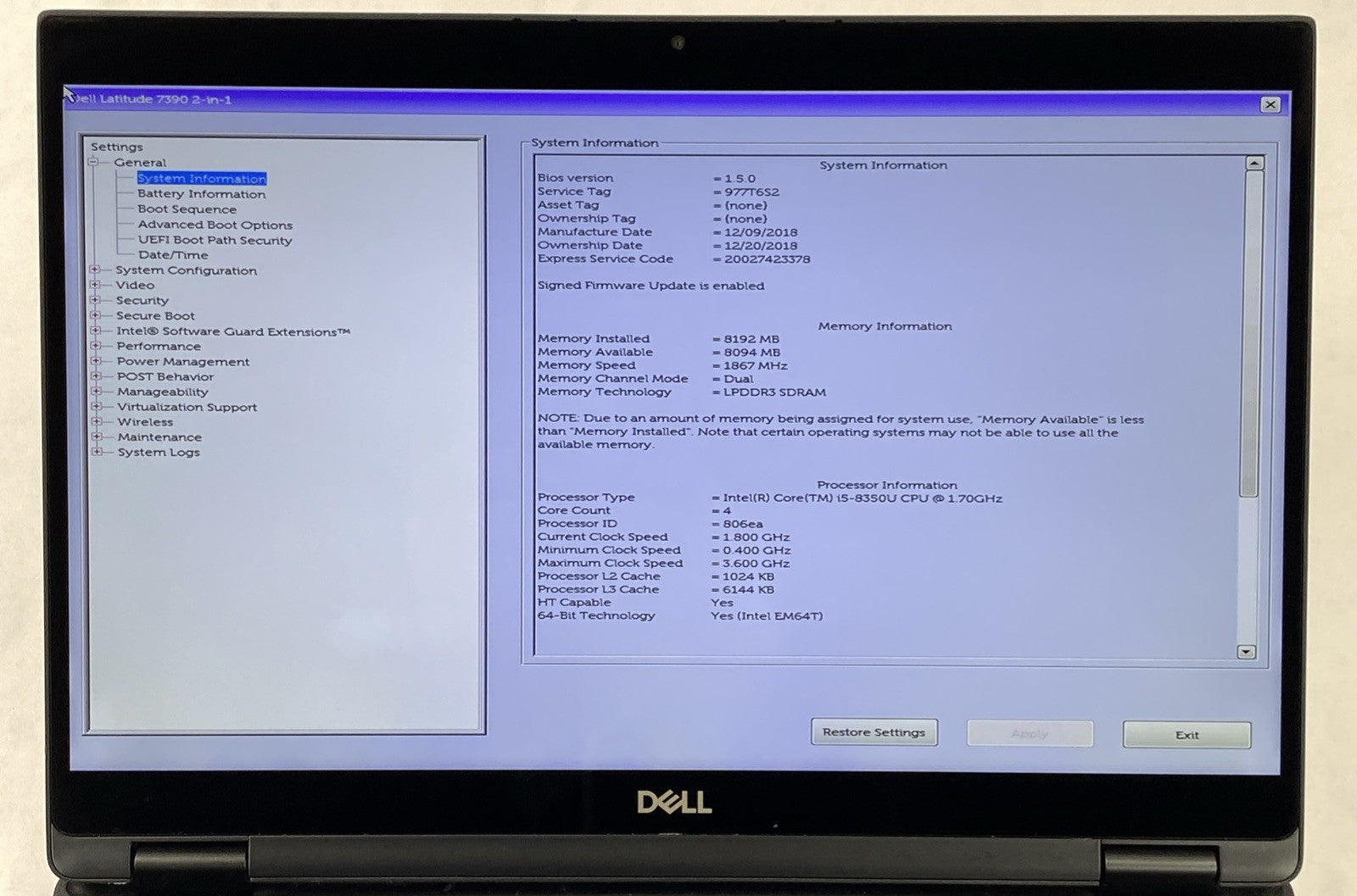 Dell Latitude 7390 2 in 1  13.3" Touch i5-8350U 1.7GHz 8GB RAM No Battery/HDD/OS