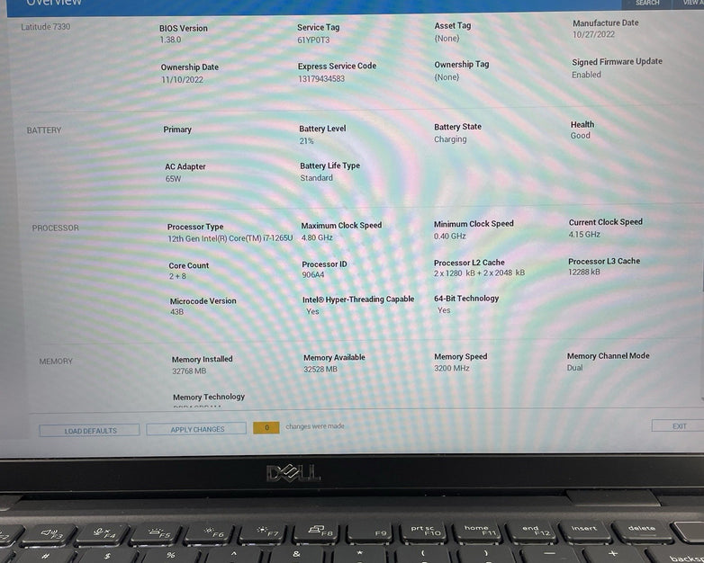 Dell Latitude 7330 13.3" i7-1265U 4.15 GHz 32 GB RAM No SSD/OS/AC - Bad Bottom
