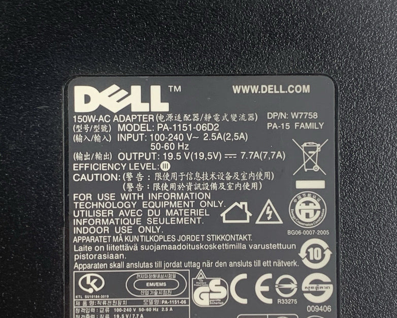 Dell PA-1151-06D2 w7758 150w 240v 19.5v Big Barrel AC Adapter No Power Cord