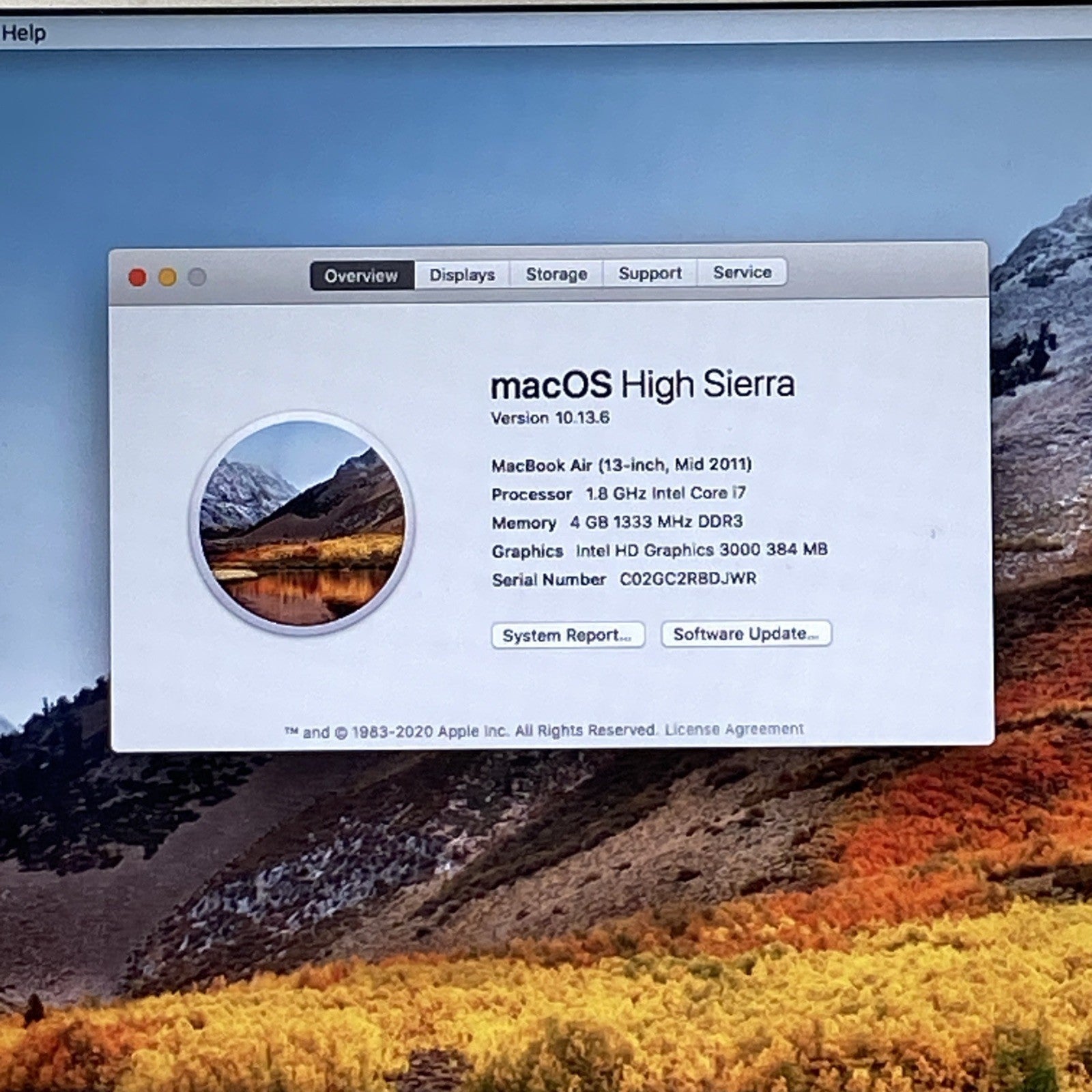 Apple A1369 MacBook Air 2011 13" 1.8Ghz i7 4GB RAM 250GB SSD os10.13.6 969Cycles