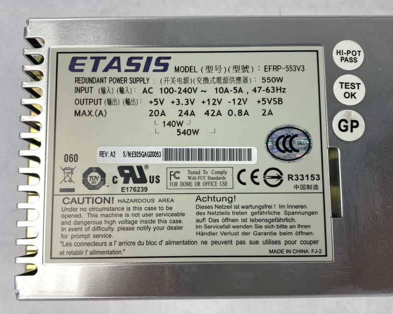 ETASIS Model EFRP-553V3 550W Redundant Power Supply