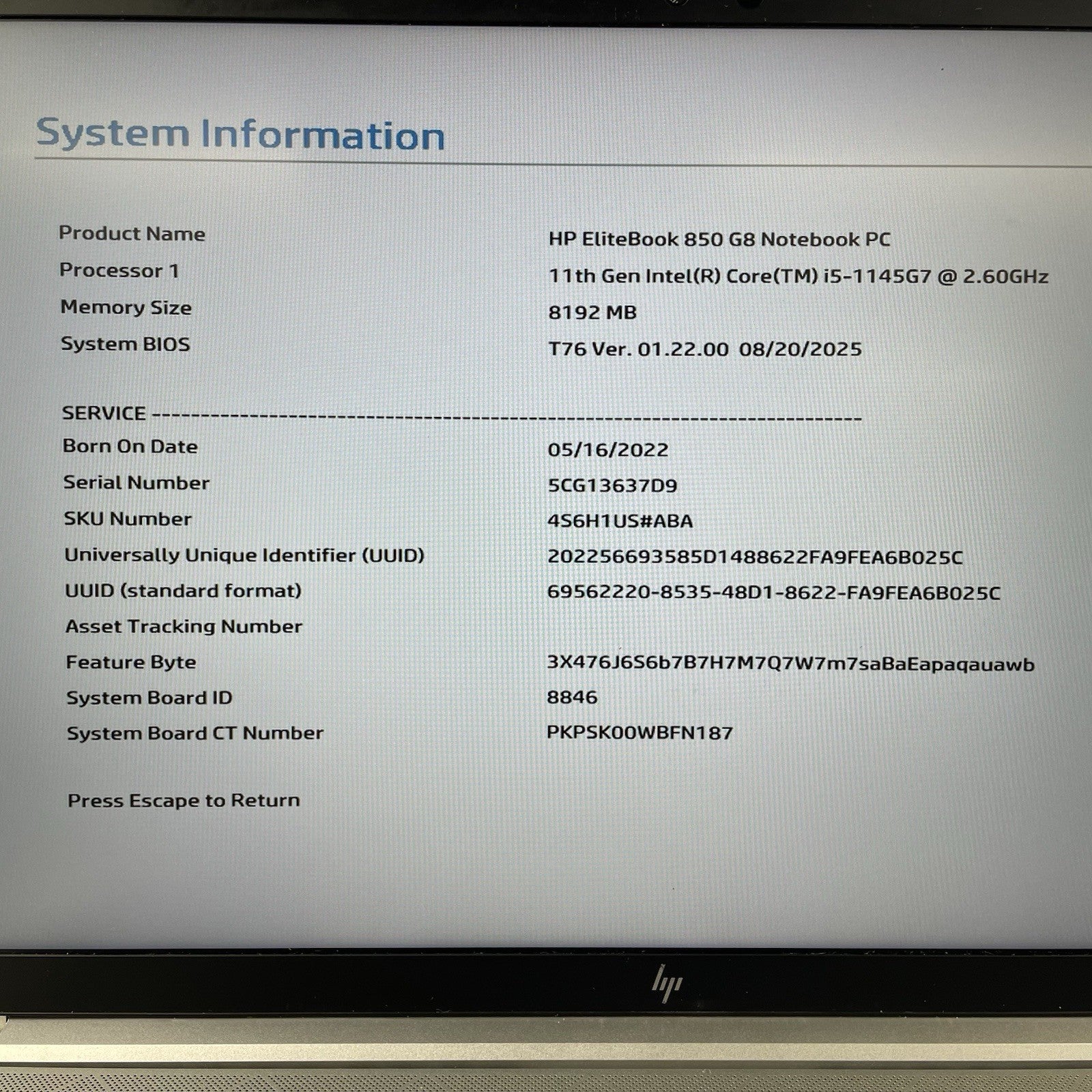 HP EliteBook 850 G8 15.6" i5-1145G7 1.60 GHz 8 GB RAM No SSD/OS/AC - Missing Key3