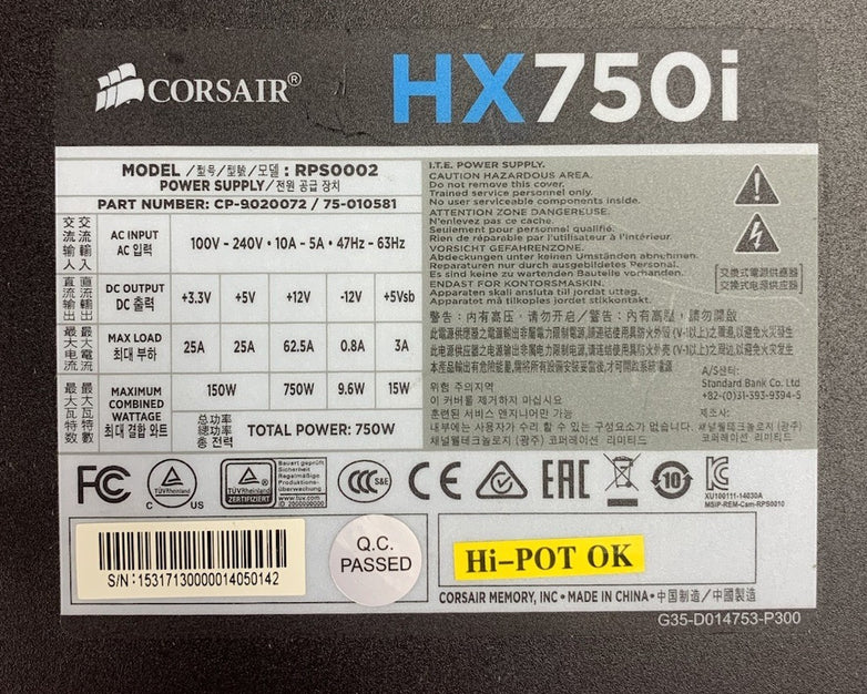 Corsair HX750i RPS0002 CP-9020072 750W Power Supply - No Cables