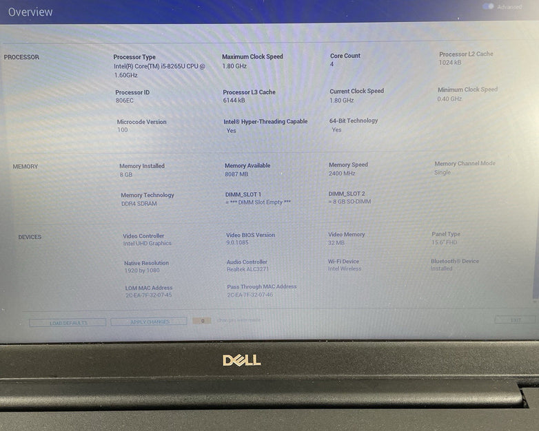 Dell Latitude 3500 15.6" i5-8265U 1.60GHz 8GB RAM No SSD/OS/AC/Batt - Bad Bottom