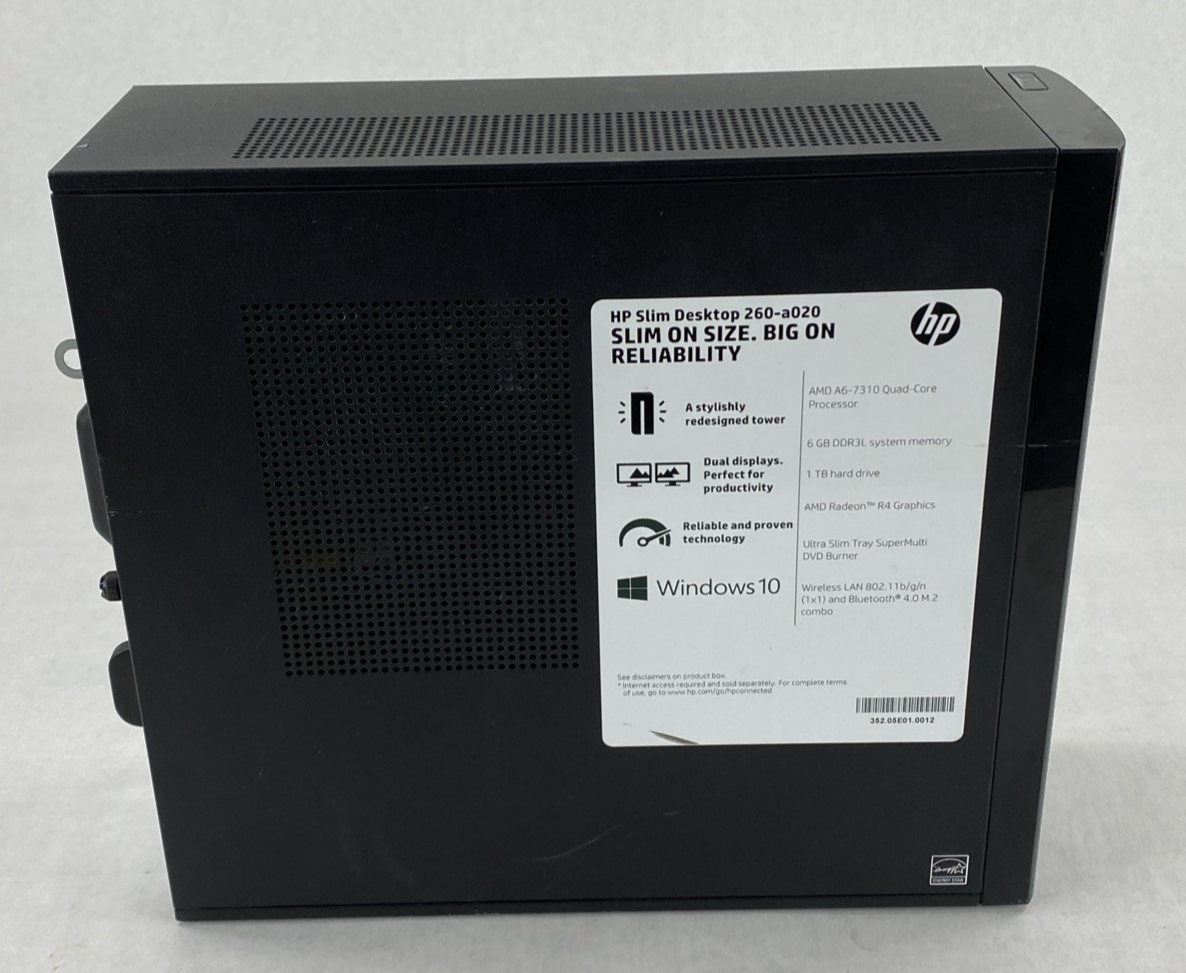HP Slim Desktop 260-a020 AMD A6-7310 2.00GHz 6GB RAM No AC Adapter No HDD No OS