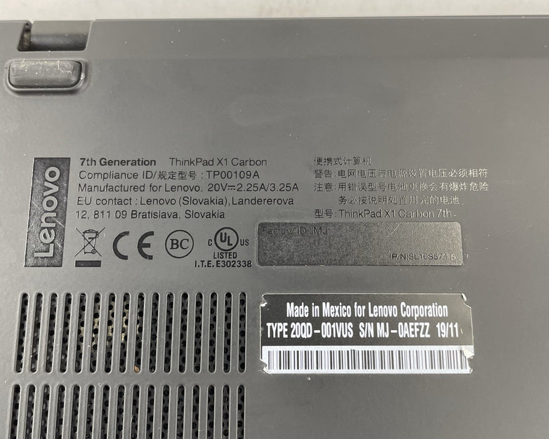 Lenovo ThinkPad X1 Carbon 7Gen i7-8565U 1.8GHz 16GB RAM No SSD/OS/AC/Batt - READ