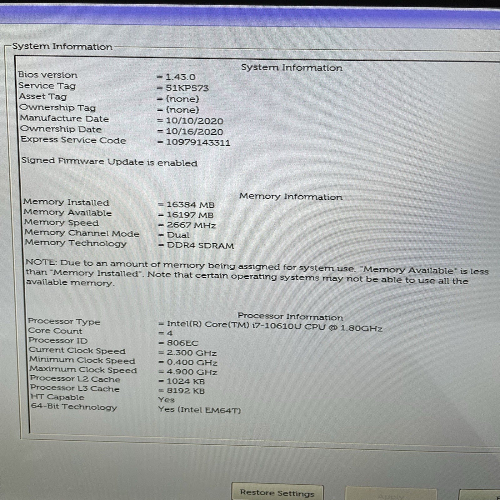 Dell Latitude 7410 14" i7-10610U 1.8GHz 16GB RAM No SSD/OS/AC/Batt-Scratched Key5