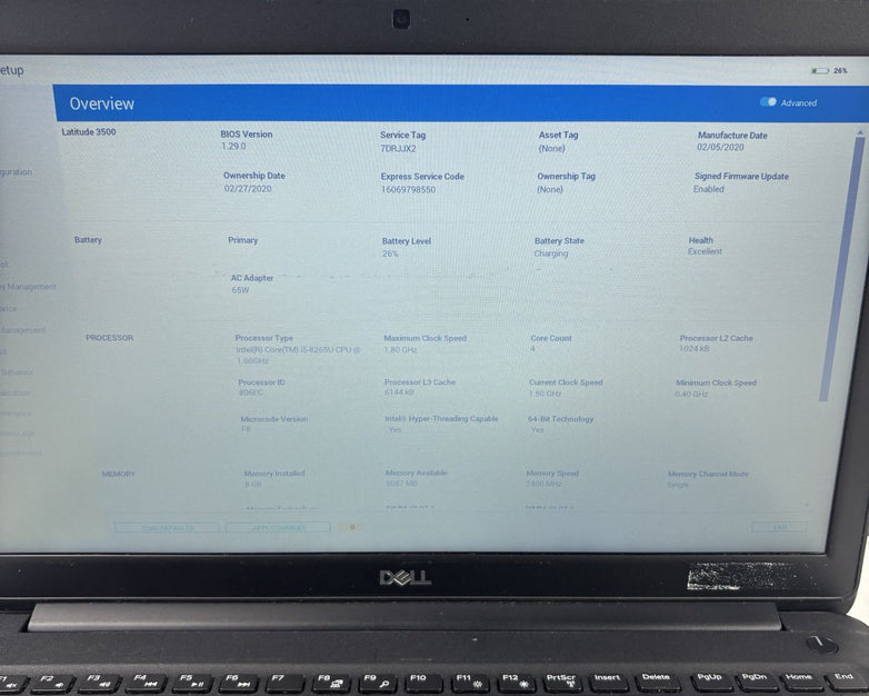 Dell Latitude 3500 15.6" Laptop i5-8265U 1.6 GHz 8 GB Ram No OS No HDD No AC